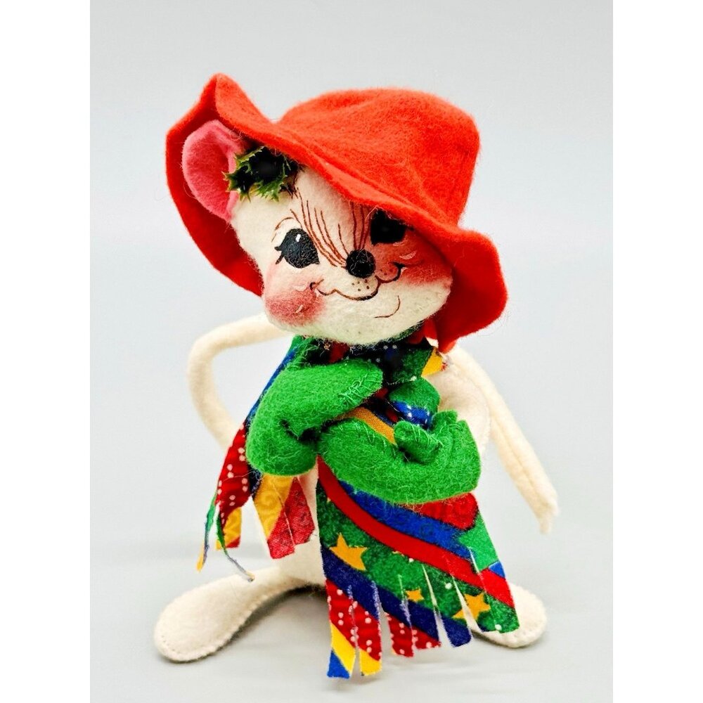 Annalee Candy Cane Mouse Colorful Scarf Green Mittens Red Hat Open Eyes Made USA